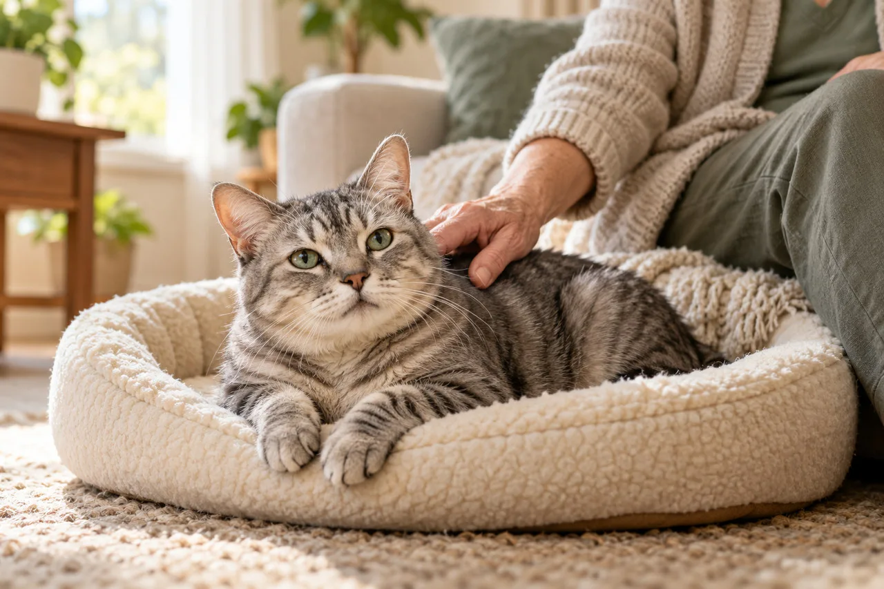 Silver tabby cat resting in a low cream bed beside its seated owner